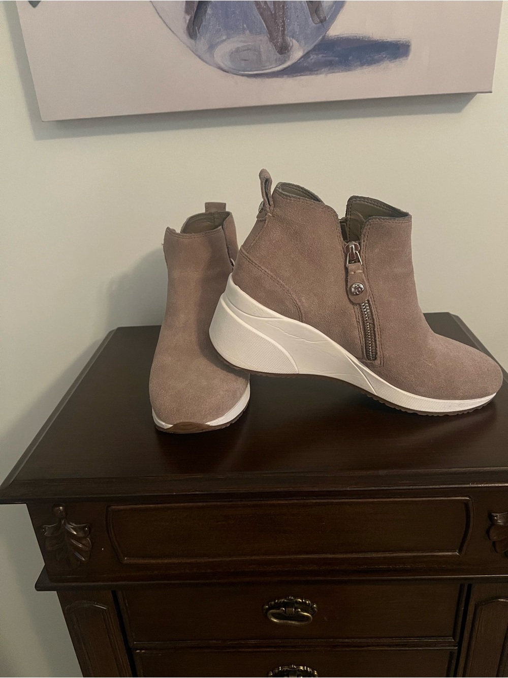 Alex Marie Wedge Platform Ankle Boots in Taupe Suede